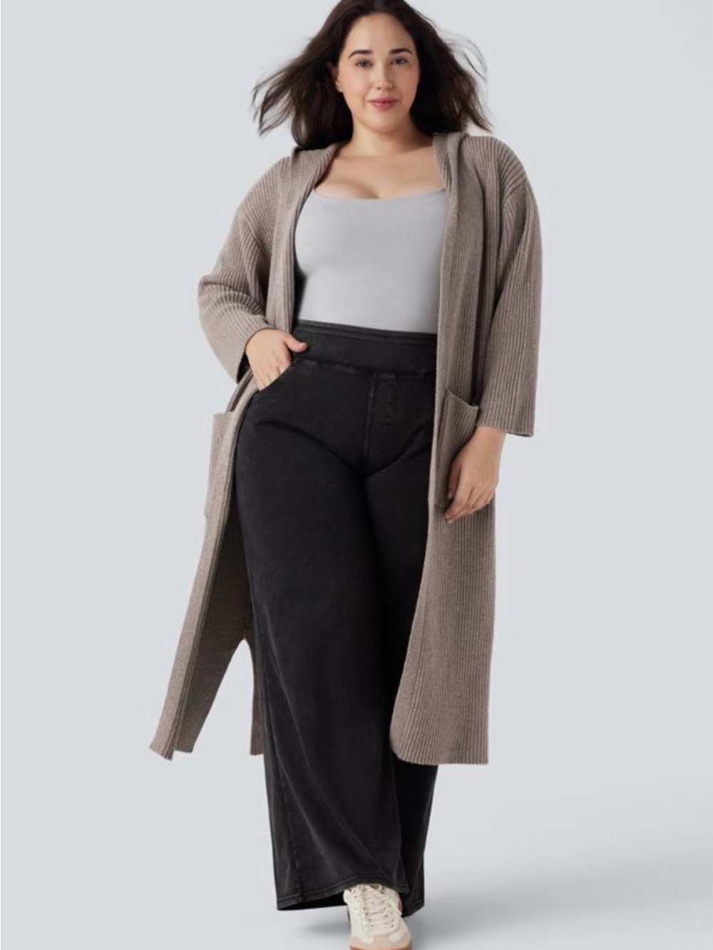 Halara Hooded Long Sleeve Pocket Longline Casual Cardigan Taupe Brown Size Large
